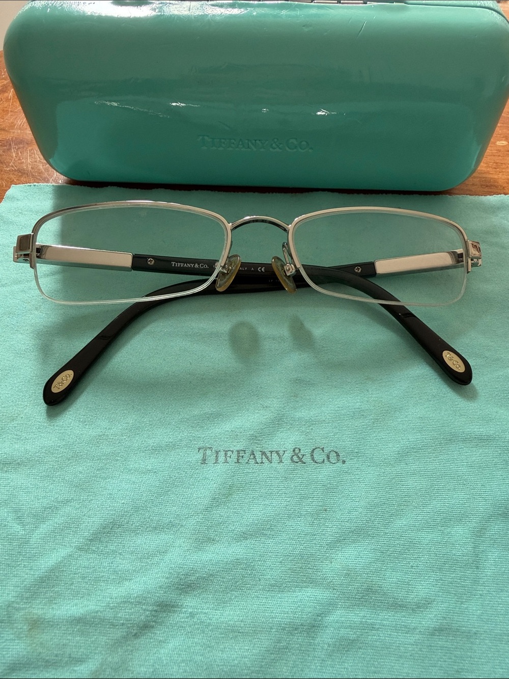 Tiffany & Co. Silver Metal Rim Glasses with Black Temples and Tiffany Blue Case